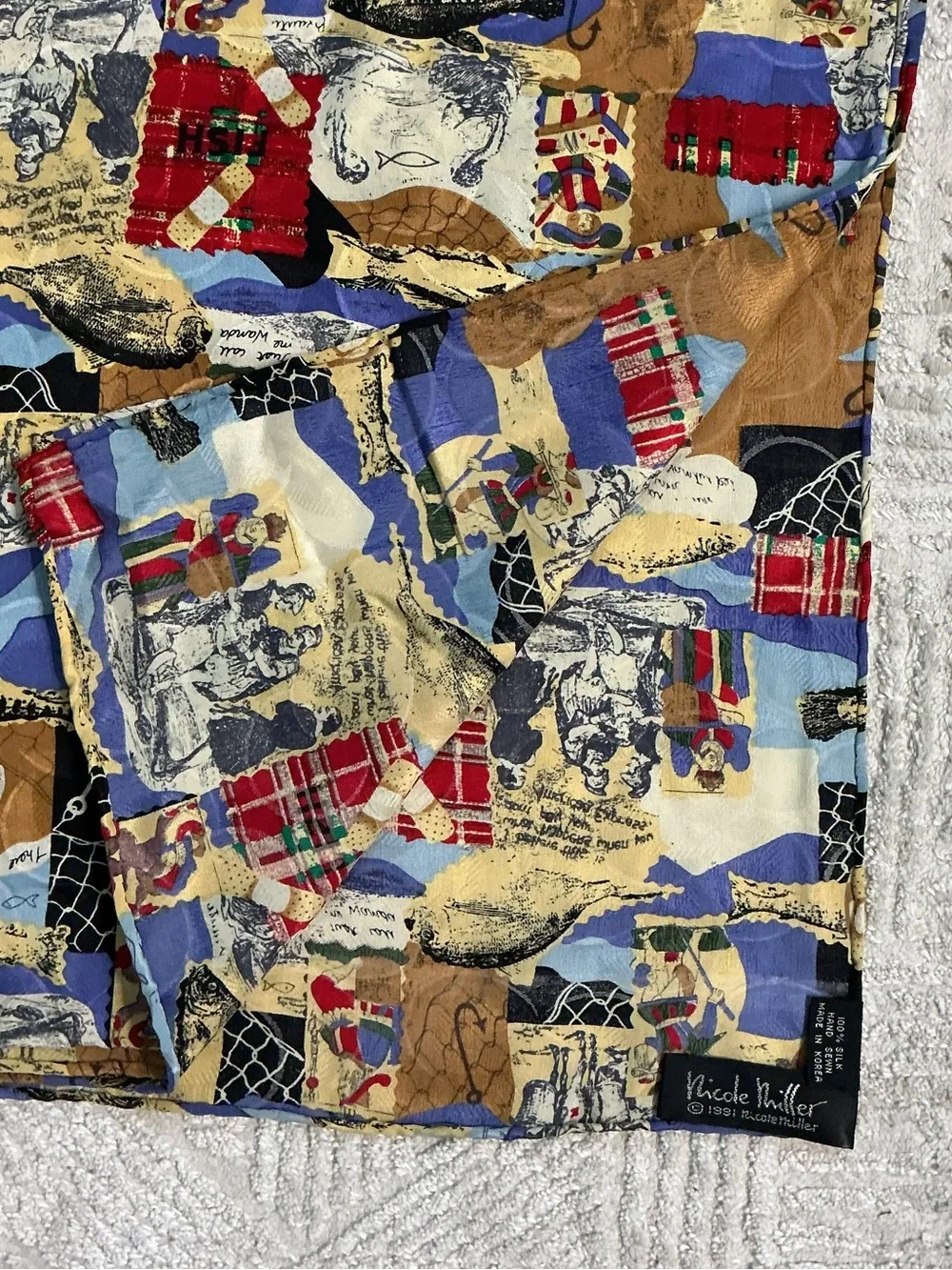 Vintage 1991 Nicole Miller 100% Silk Scarf Nautical Fishing Anchor  42” Square - Picture 4 of 11